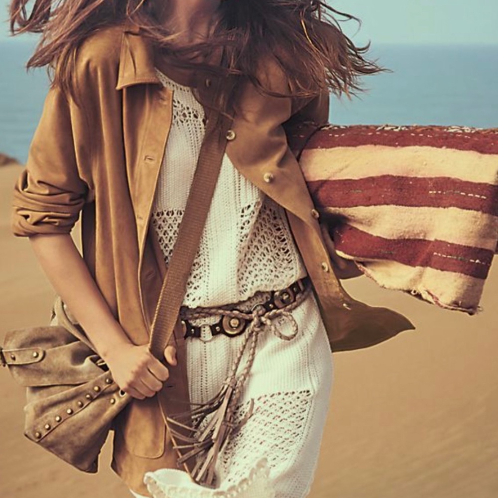 Free People Maya Suede Shirt Jacket in Caramel.